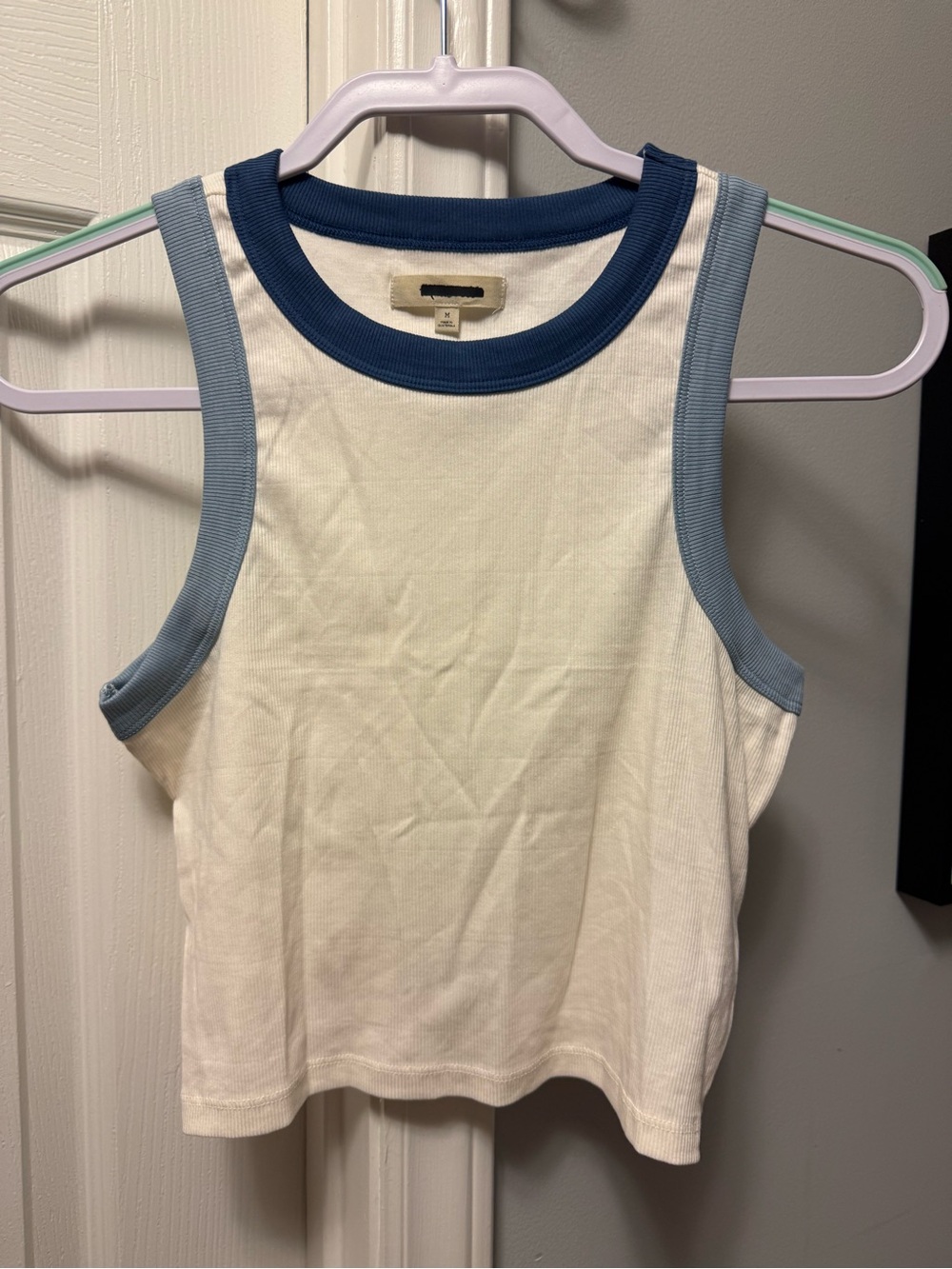 NWOT Madewell Cream Ribbed Tank with Blue Contrast Trim - Picture 2 of 6